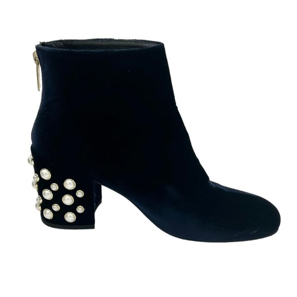Stuart Weitzman Bacari Navy Velvet Pearl Heeled Boots - Picture 2 of 12